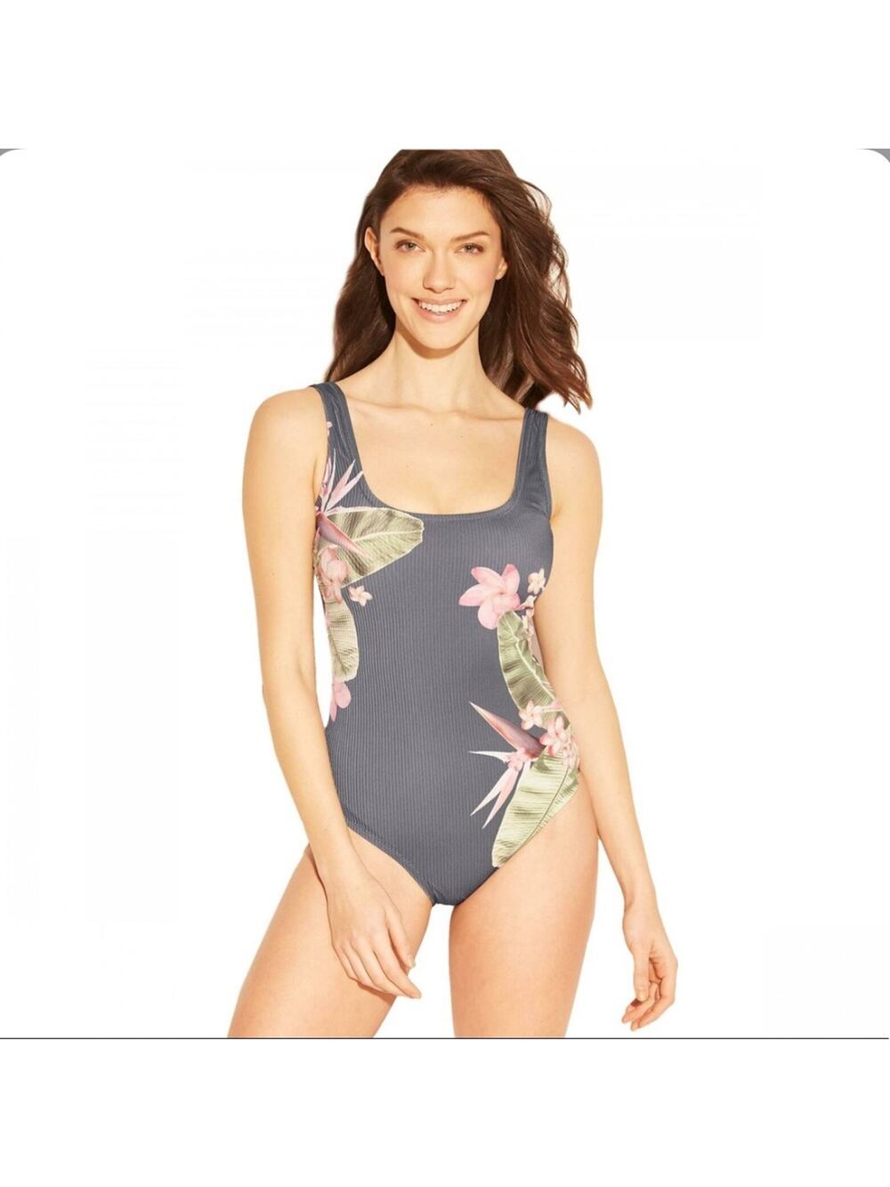 NEW kona sol gray ribbed tropical swimsuit large